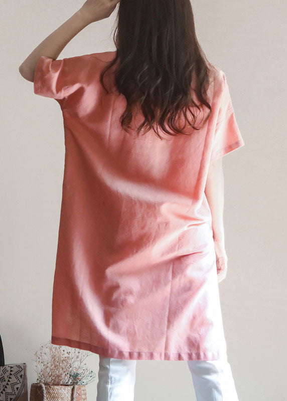 Style Pink O Neck Print Patchwork Linen T Shirt Top Summer
