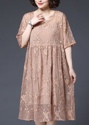 Style Pink O-Neck embroidery Wrinkled Lace Dress Two Piece Set Short Sleeve