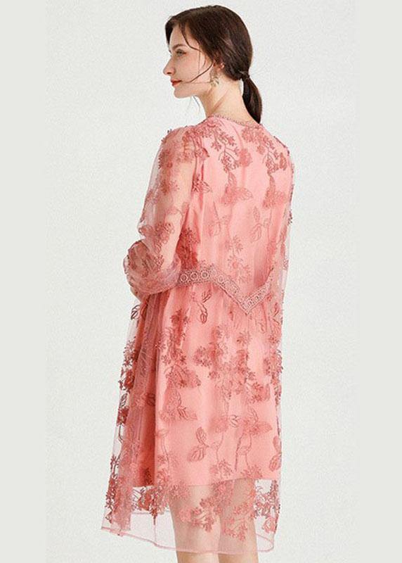 Style Pink Patchwork Embroideried Fall Lace Vacation Dress Long Sleeve - SooLinen