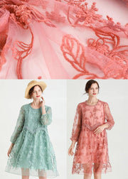 Style Pink Patchwork Embroideried Fall Lace Vacation Dress Long Sleeve - SooLinen