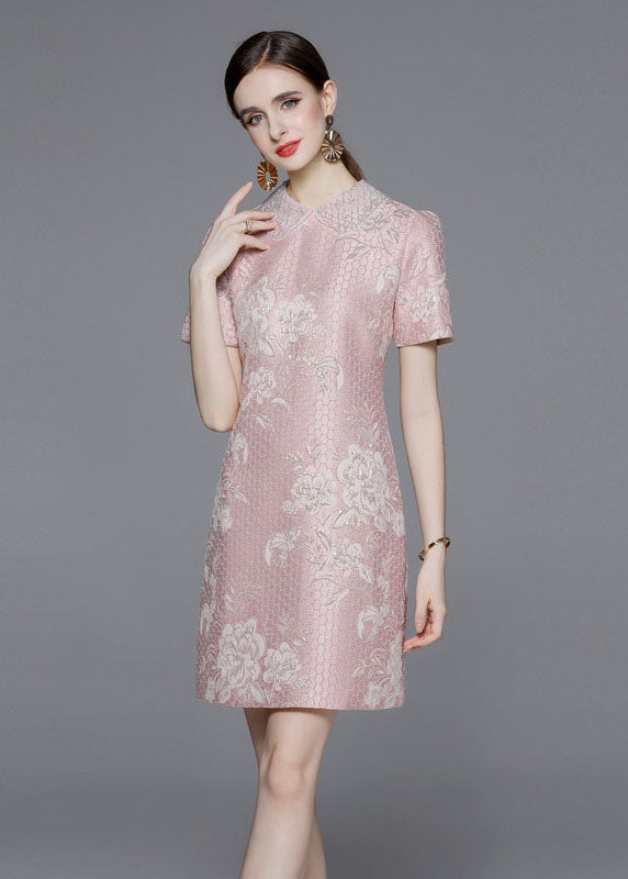 Style Pink Peter Pan Collar Jacquard Patchwork Cotton Mid Dress Summer