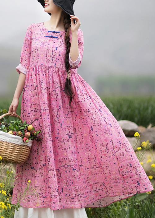 Style Pink Print Dresses O Neck Chinese Button Traveling Spring Dresses - SooLinen