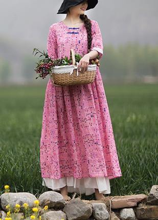 Style Pink Print Dresses O Neck Chinese Button Traveling Spring Dresses - SooLinen