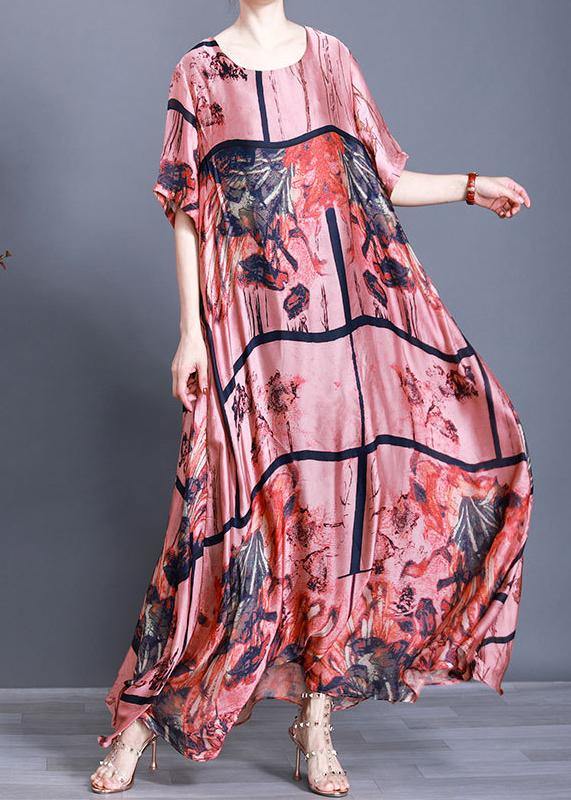 Luxy Pink Silk Maxi Dress Plus Szie Print Summer Dress - SooLinen
