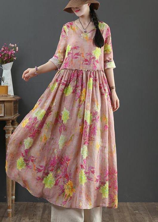 Style Pink Print Pockets Summer Linen Dress - SooLinen