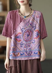 Style Pink Print Side Open tie Summer Linen Blouses Half Sleeve - SooLinen
