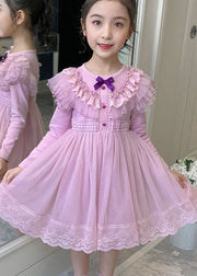 Style Pink Ruffled Lace Patchwork Warm Fleece Kids Girls Dresses Winter