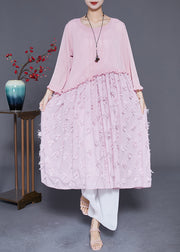 Style Pink Ruffled Patchwork Chiffon Long Dress Summer