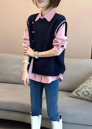 Style Pink Shirts And Navy Knit Vest Side Open Two Pieces Set Fall