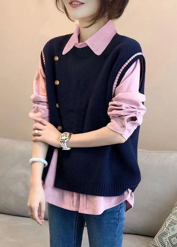 Style Pink Shirts And Navy Knit Vest Side Open Two Pieces Set Fall