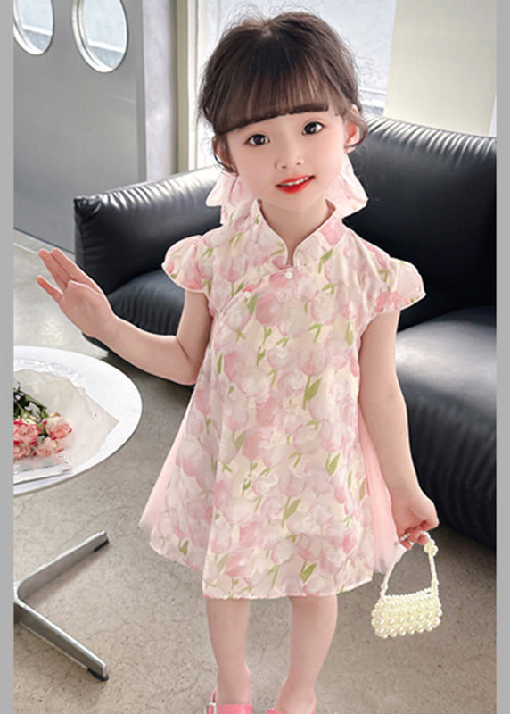 Style Pink Stand Collar Print Tulle Patchwork Button Girls Mid Dress Short Sleeve
