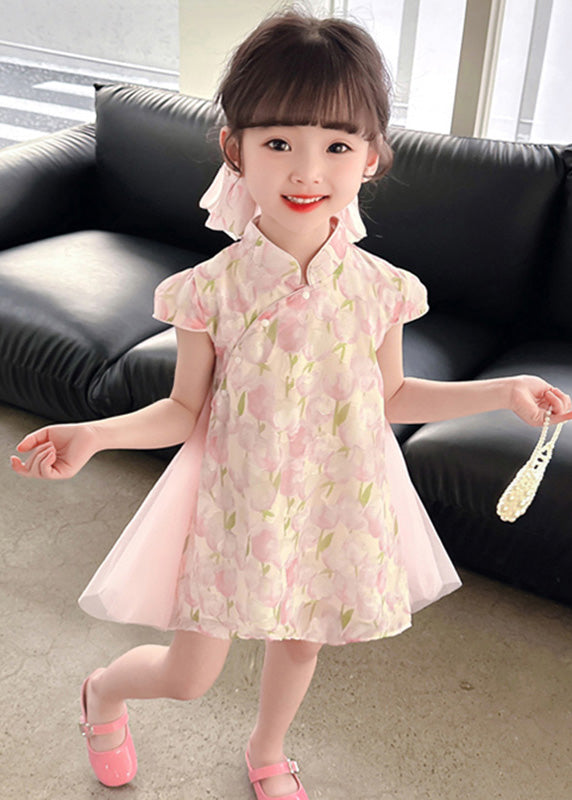 Style Pink Stand Collar Print Tulle Patchwork Button Girls Mid Dress Short Sleeve