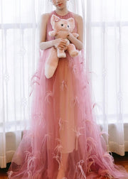 Style Pink Tasseled Patchwork Tulle Robe Dresses Sleeveless