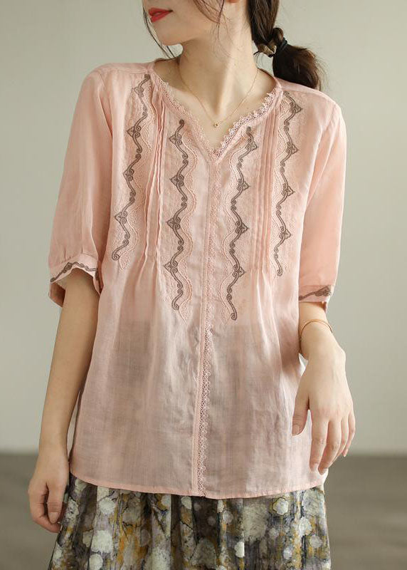 Style Pink V Neck Lace Patchwork Linen Top Summer