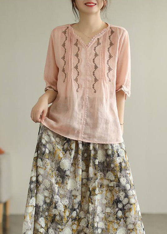 Style Pink V Neck Lace Patchwork Linen Top Summer