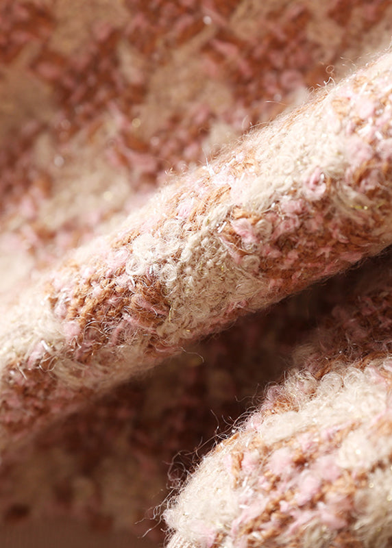 Style Pink Zip Up Plaid Woolen Coat Winter