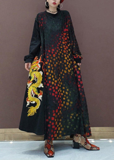 Style Plaid Tunic O Neck Dragon Design Robes Spring Dresses - SooLinen