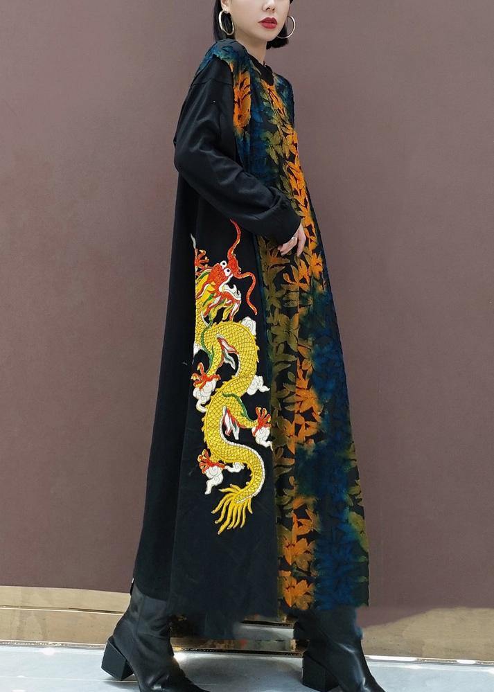 Style Plaid Tunic O Neck Dragon Design Robes Spring Dresses - SooLinen