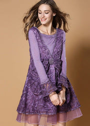 Style Purple Bow Patchwork Tulle Print Fake Two Piece Mid Dresses Spring
