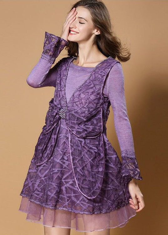 Style Purple Bow Patchwork Tulle Print Fake Two Piece Mid Dresses Spring