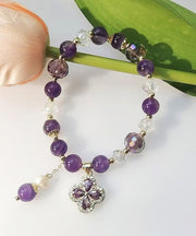 Style Purple Crystal Inlaid Gem Stone Zircon Four Leaf Clover Tassel Charm Bracelet