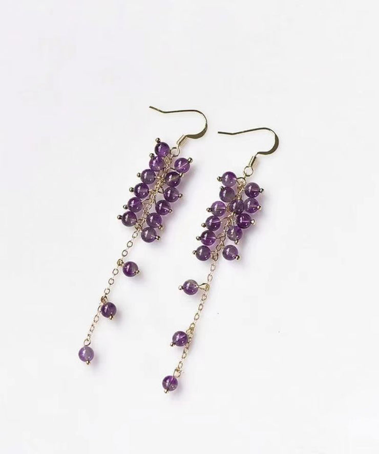 Style Purple Crystal Tassel 14K Gold Drop Earrings