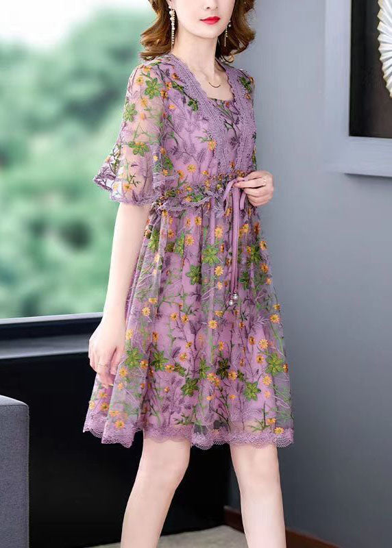 Style Purple Embroidered Lace Up Lace Maxi Dresses Summer