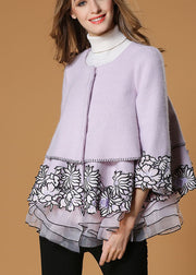 Style Purple Embroidered Tulle Patchwork Fall Woolen Coats