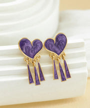Style Purple Heart Tassel Metal Stud Earrings