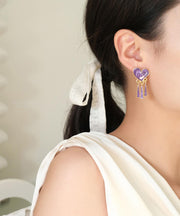 Style Purple Heart Tassel Metal Stud Earrings