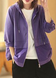 Style Purple Hooded Drawstring Patchwork Fall Coat Long Sleeve