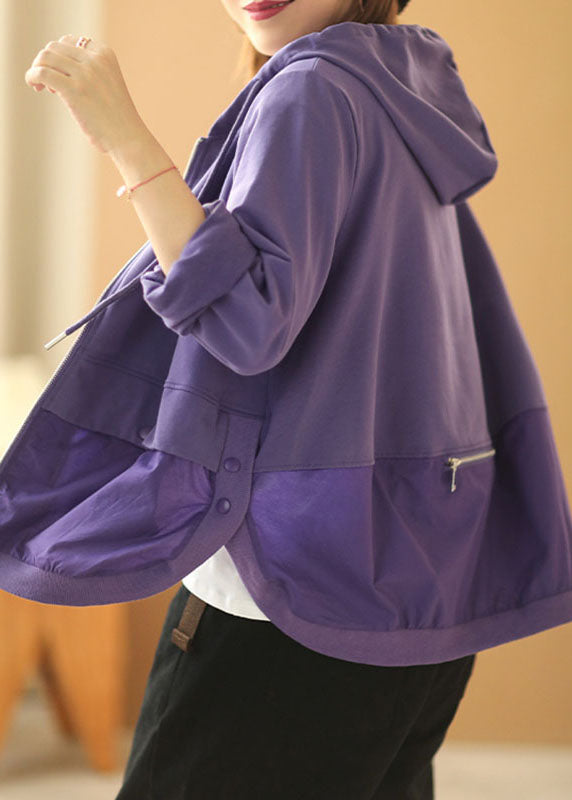 Style Purple Hooded Drawstring Patchwork Fall Coat Long Sleeve
