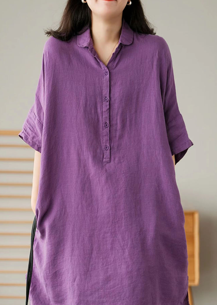 Style Purple Peter Pan Collar Button Linen Shirts Summer