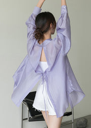 Style Purple Peter Pan Collar Lace Up Patchwork Chiffon Shirt Fall
