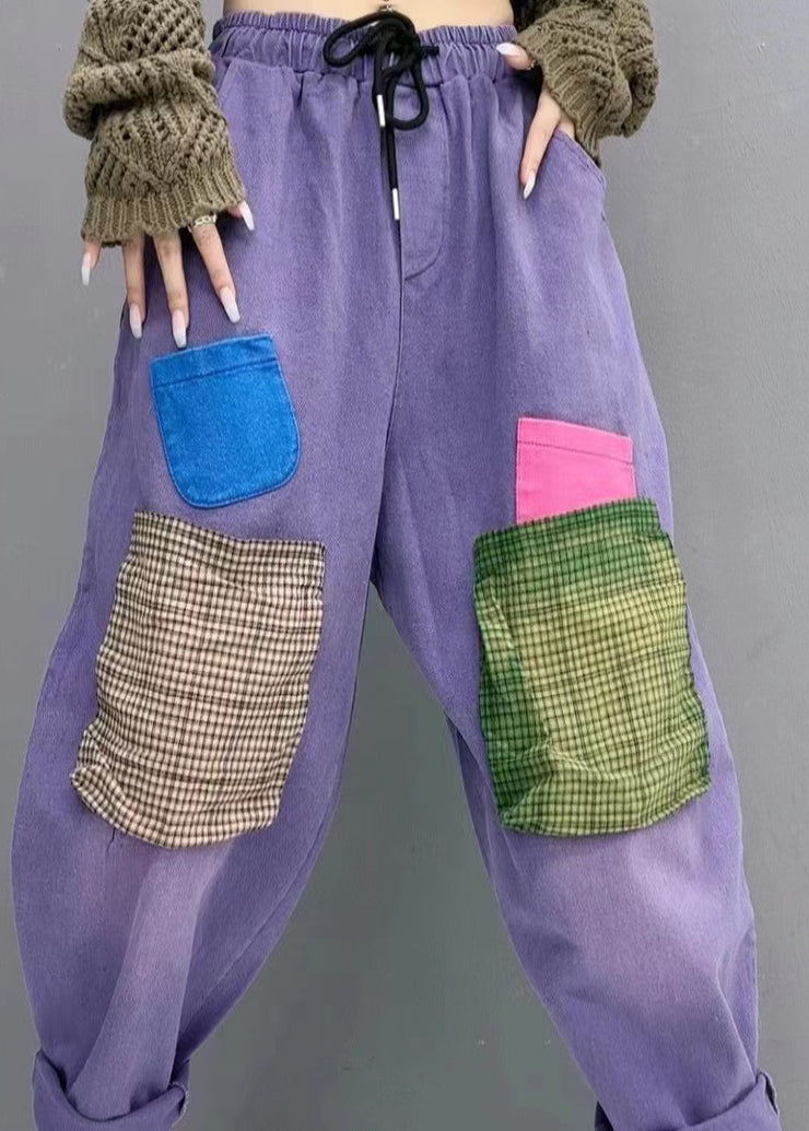 Style Purple Pockets Elastic Waist Patchwork Denim Pants Fall