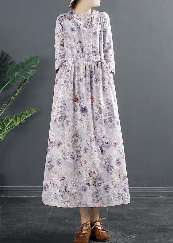 Style Purple Print Drawstring Art Dresses - SooLinen
