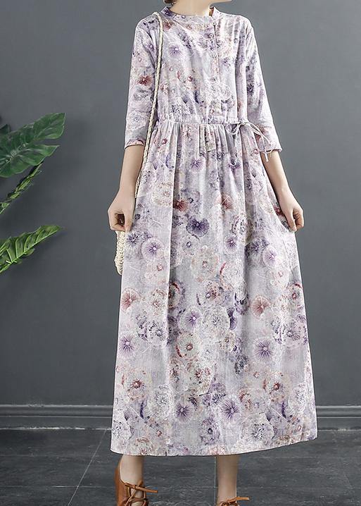 Style Purple Print Drawstring Art Dresses - SooLinen