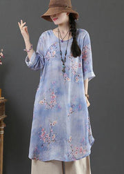 Style Purple Print Oriental Long Linen Shirt Top Summer - SooLinen