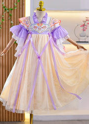 Style Purple Ruffled Embroidered Floral Patchwork Kids Girls Long Dresses Summer