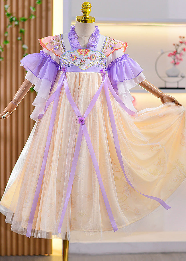 Style Purple Ruffled Embroideried Floral Patchwork Kids Girls Long Dresses Summer