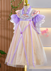 Style Purple Ruffled Embroideried Floral Patchwork Kids Girls Long Dresses Summer