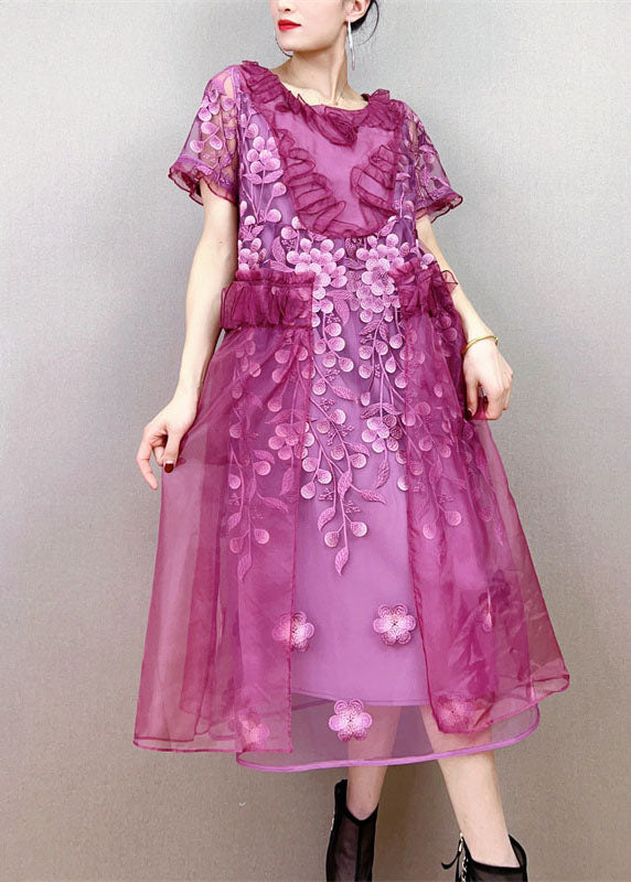 Style Purple Ruffled Floral Decorated Patchwork Tulle Dress Summer