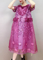 Style Purple Ruffled Floral Decorated Patchwork Tulle Dress Summer