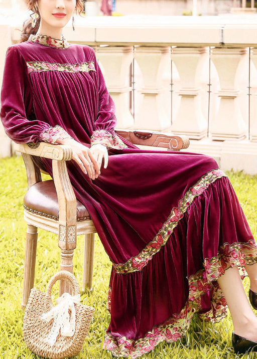 Style Purple Stand Collar Patchwork Embroidered Silk Velour Robe Dresses Spring