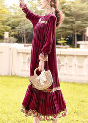 Style Purple Stand Collar Patchwork Embroidered Silk Velour Robe Dresses Spring