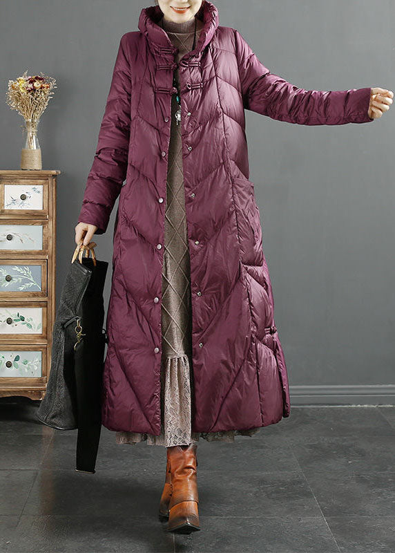 Style Purple Stand Collar Solid Lengthen Duck Down Puffer Jacket Winter
