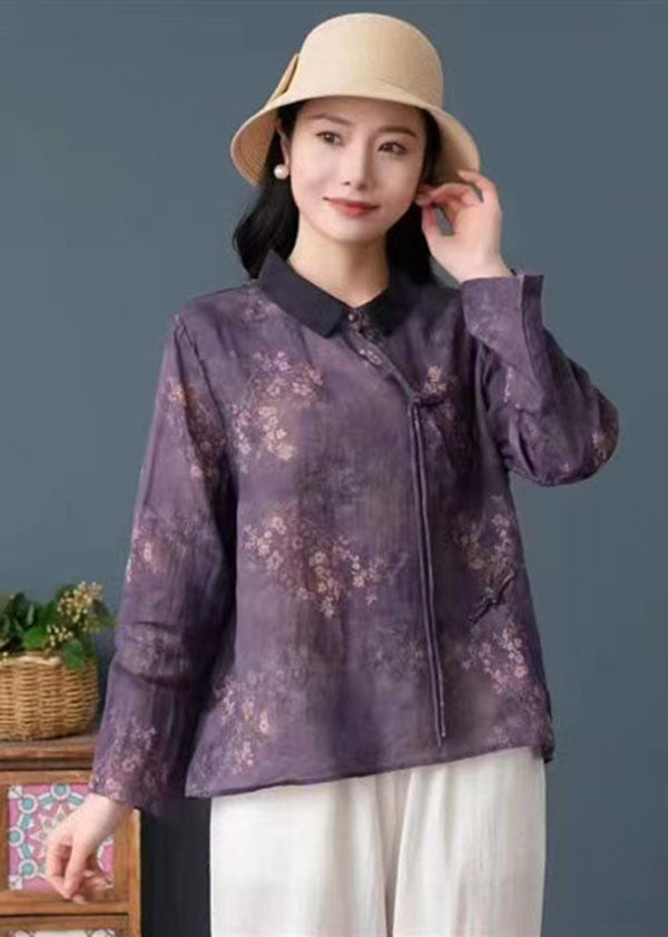 Style Purple Tasseled Print Patchwork Linen Blouse Top Long Sleeve