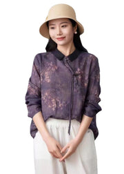 Style Purple Tasseled Print Patchwork Linen Blouse Top Long Sleeve