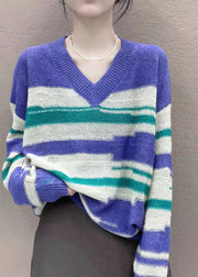 Style Purple V Neck Oversized Striped Knit Top Winter