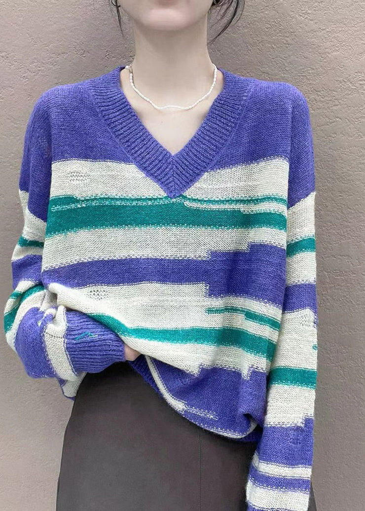 Style Purple V Neck Oversized Striped Knit Top Winter